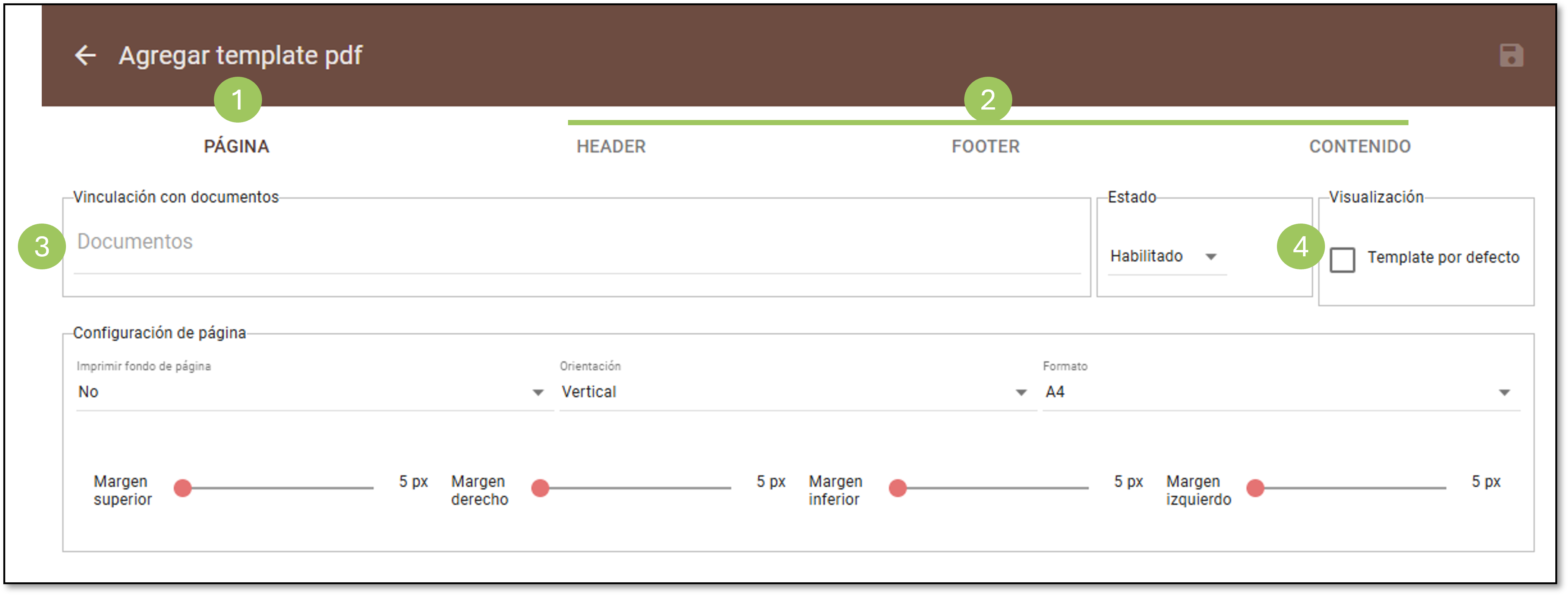 Formulario para agregar un template PDF.