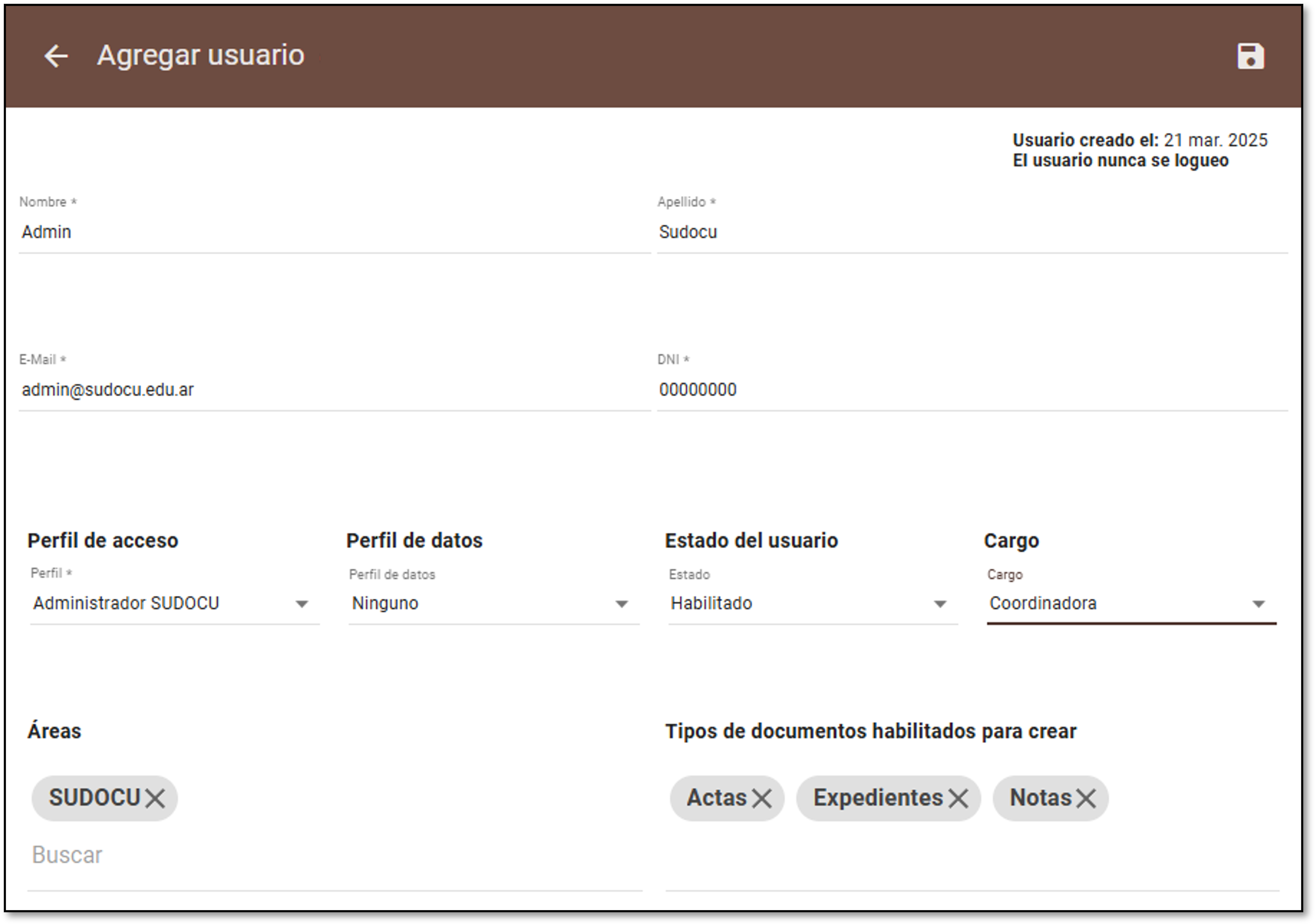 Formulario de alta de usuarios.