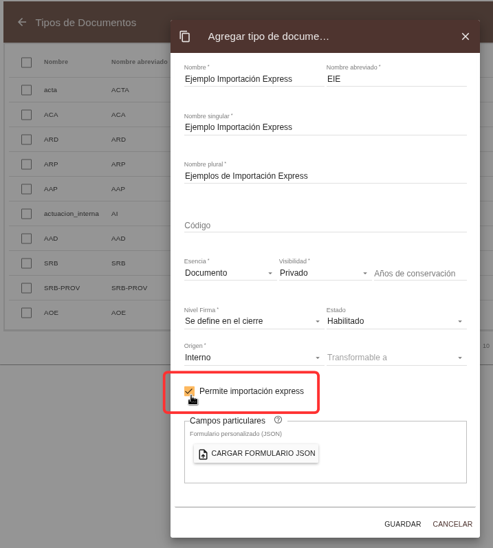 Configuración de tipo de documento para importación express