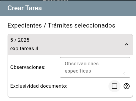 Formulario de creación de tarea con contenedor asociado